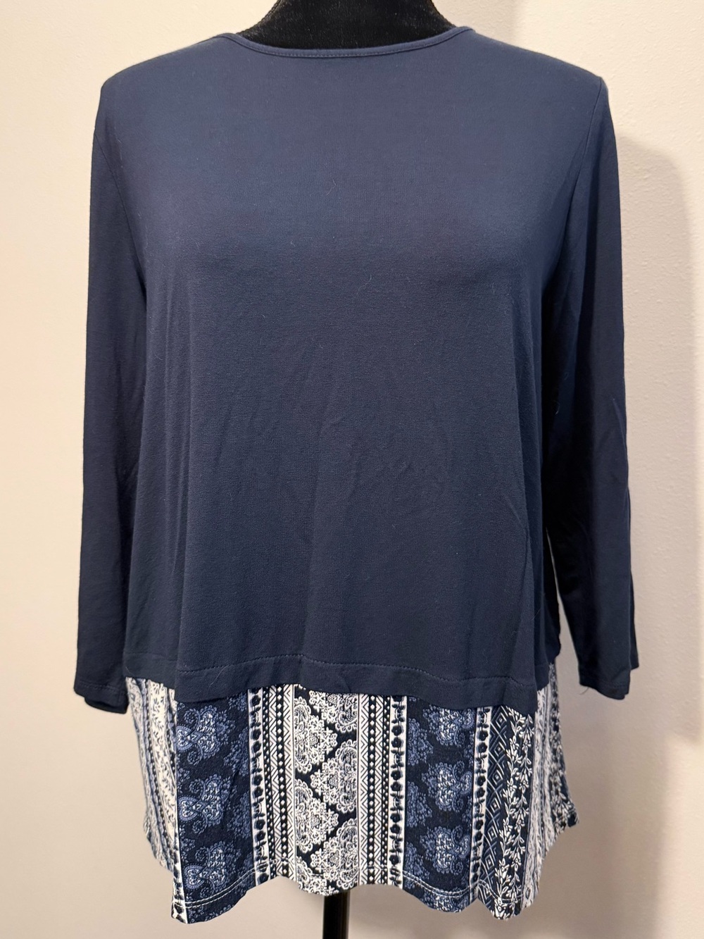 J. Jill Navy Long-Sleeve Top with Patterned Hem